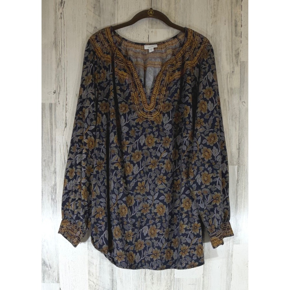 Pure Jill Tunic Blouse 3X Navy Floral Embroidered Split Neck Boho Cottage READ